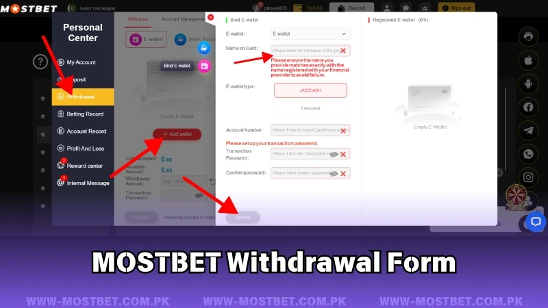 MOSTBET Withdrawal Form